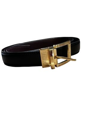 Black Brown Reversible Genuine Leather Belt Size 38 Gold Colored Hardware